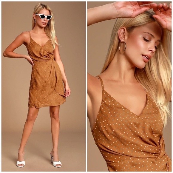 Lulus Missy Rust Orange Polka Dot Satin Knotted Front Mini Dress Size Small - Picture 1 of 14